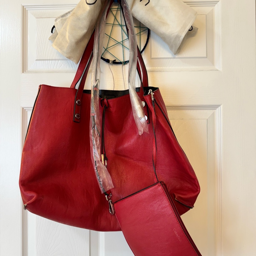 Calvin Klein Red Leather Tote Bag with Pouch